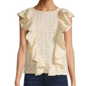 70/21 Cream Embroidered Sleeveless Ruffle Blouse size medium